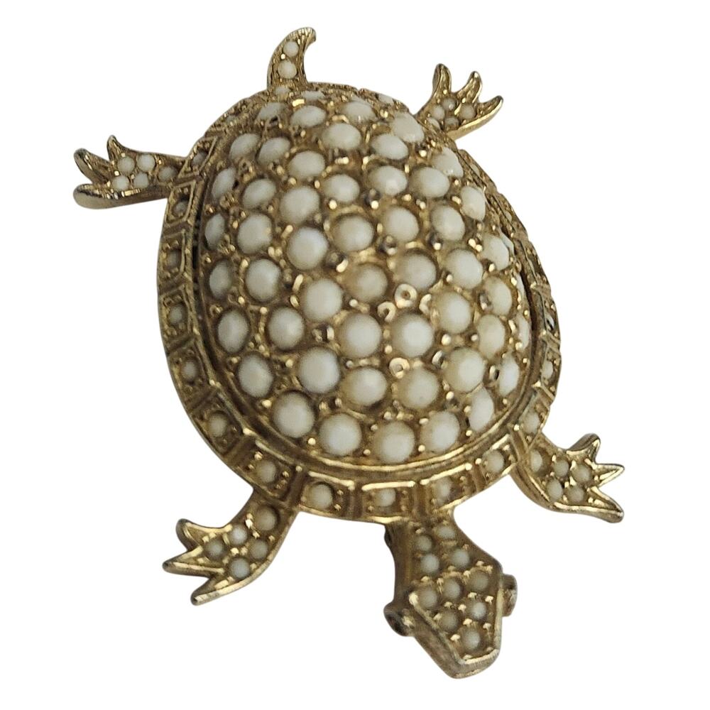 Rare Signed DeNicola Milk Glass Gold Tone Turtle Pin Brooch
